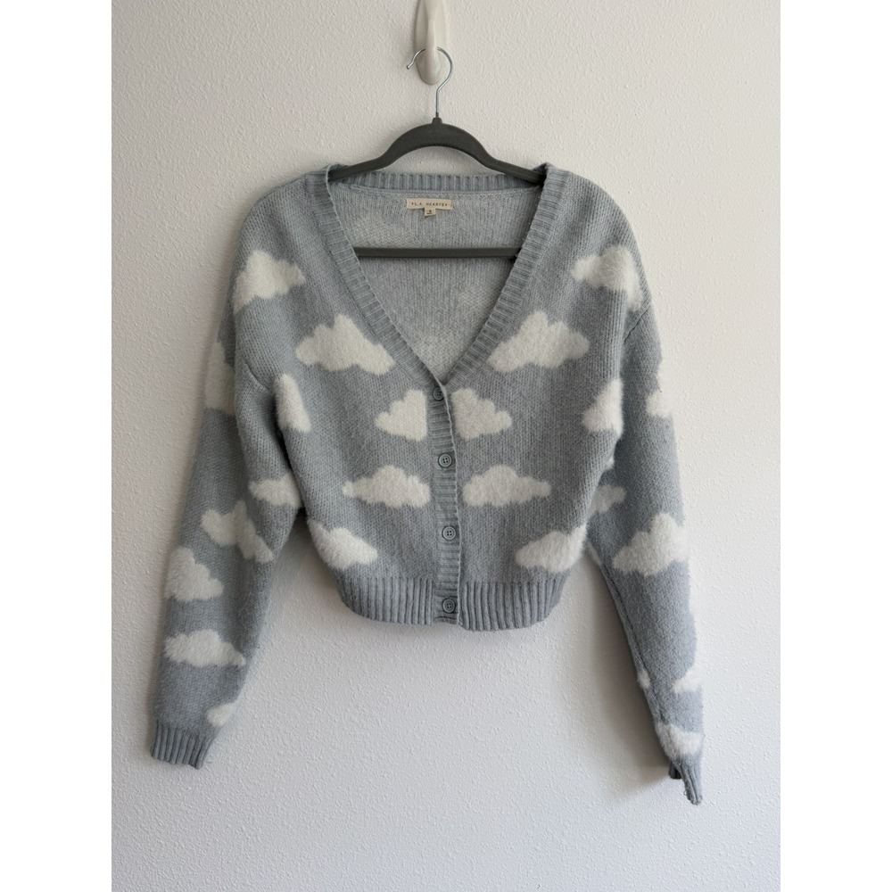 LA Hearts Blue Cloud Print Fuzzy Cropped Cardigan Sweater Small